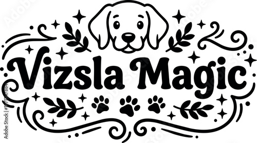 Black and white vizsla magic dog face with paw prints and swirls vector art
