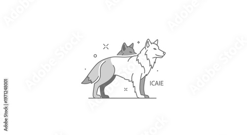 Minimalist monochrome illustration of two wolves in a graphic style with ICAIE text element
