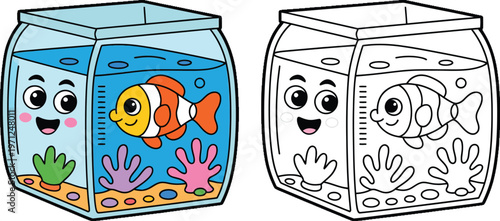 Vibrant cartoon of a happy clownfish and a smiling character in an aquarium, with outline for children's creative coloring fun.