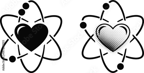 Heart Atom Science Logo Vector Illustration Featuring Nucleus Love Concept with Halftone and Solid Styles for Medical Physics and Chemical Education