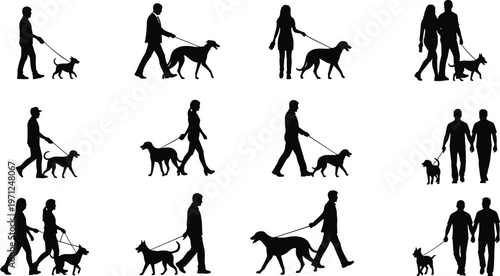 People walking dogs silhouette set, men and women exercising with pets on leash, isolated human and animal figures for design