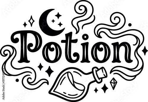 Black and white potion lettering with magic bottle and moon vector art