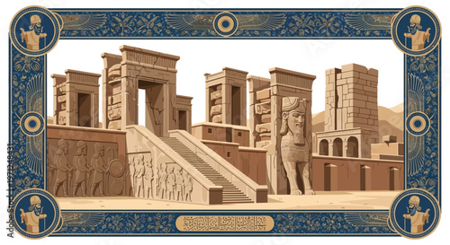 Persian architecture illustration, digital art, abstract vector background, modern colorful design, ancient majestic monument