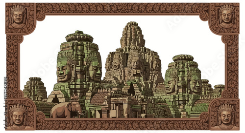 Abstract digital art illustration of ancient stone temples with carved faces and an elephant, colorful and modern graphic background