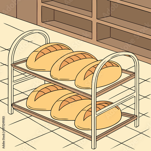 Freshly baked loaves of bread on a bakery rack with baked goods