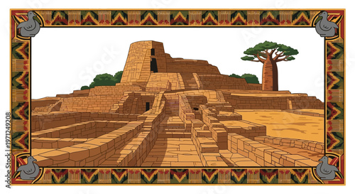 Ancient Civilization Monument Illustration, Abstract Vector Digital Art Background, Colorful Modern Design