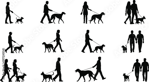Silhouette collection of diverse people walking dogs on leashes, featuring men, women, and couples with various breeds for pet lifestyle concepts