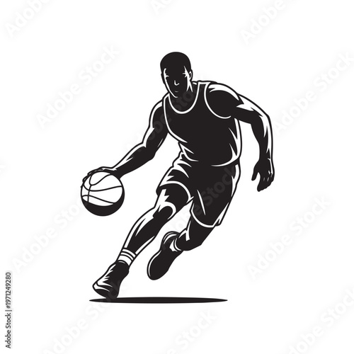 Silhouette of a basketball player dribbling the ball during a game with he is wearing a sports uniform and appears focused on the game with illustration is suitable for sports, fitness, competition
