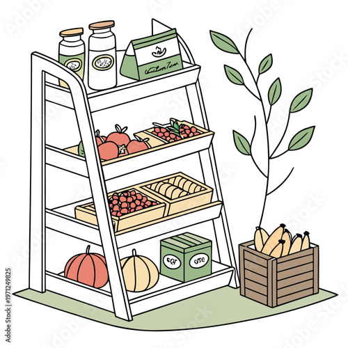 Fresh produce stand with assorted fruits and vegetables with plant based