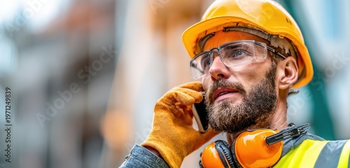 Bearded construction worker wearing yellow safety helmet and reflective vest talking on mobile phone at work site