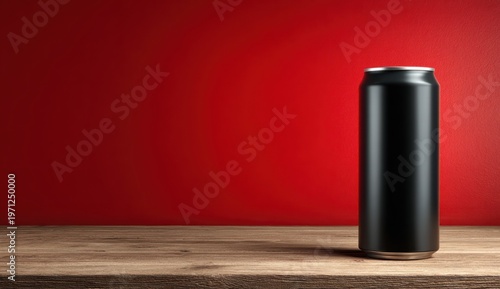 Black energy drink can with smooth matte surface standing on wooden table against red background