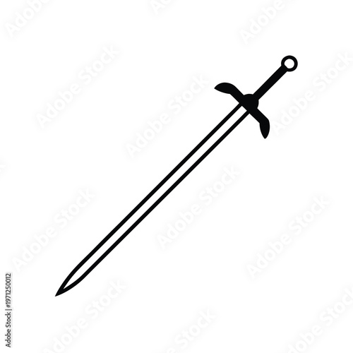 Silhouette of an antique medieval sword with a crossguard and round pommel on white background.
