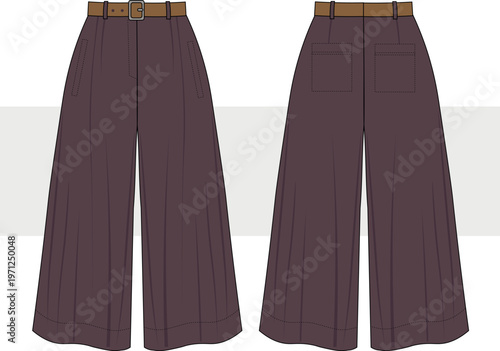 High waisted, wide leg capri pants with belt for women. Fashion technical drawing, flat sketch, illustration. Trouser vector, front and back view. Cad, Mockup.