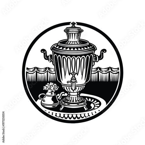 Black and white illustration of an antique Russian samovar tea urn with floral arrangement.