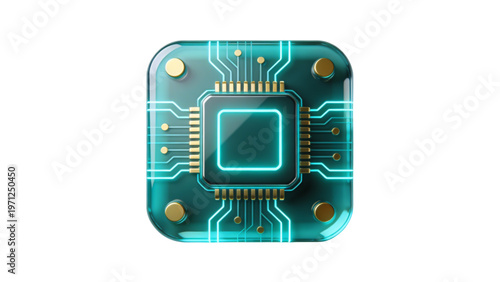 A close-up of a green electronic circuit board with a digital processor and microchip components isolated on a white background for computer hardware and network technology equipment