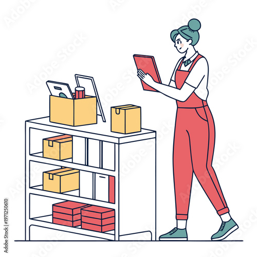 Warehouse worker checking inventory and boxes on shelves using a tablet