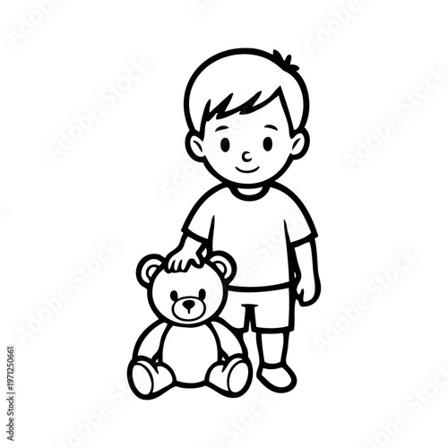Dibujo sencillo con líneas de un niño feliz, con ropa informal, que se divierte de pie con un oso de peluche