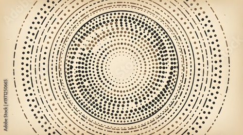 Retro Halftone Circular Pattern - Vintage Beige Dotted Spiral Backdrop - Concentric Black and Brown Polka Dot Ornament for Distressed Graphic Backgrounds.