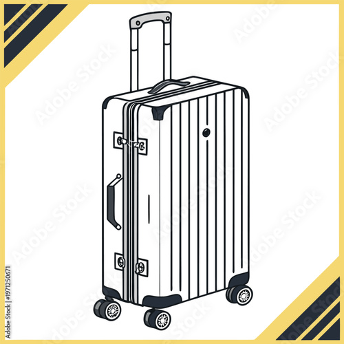 Line art of a modern rolling suitcase with handle and wheels