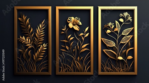 Three framed golden botanical panels with intricate flowers, leaves, and foliage in a luxurious metallic gold finish against a dark background