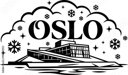 Black and white flat design oslo landmark building with snowflakes