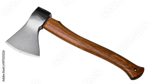 Wooden handled axe, sharp metal blade angled diagonally