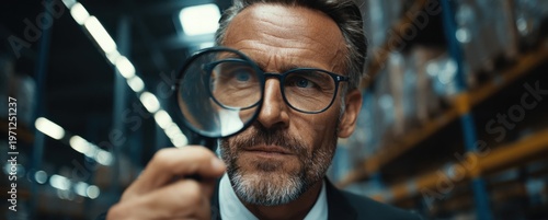 Businessman in a warehouse holding a magnifying glass examining inventory or materials with focused expression