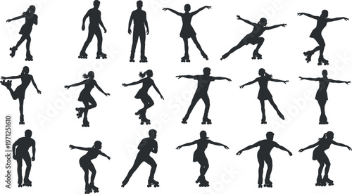 Vector collection of men and women roller skating silhouettes isolated on white background, showing various inline skating sport action poses.