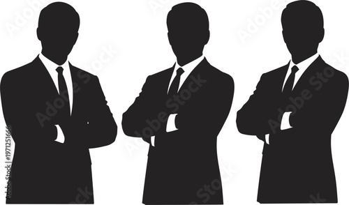 Business people silhouettes set, confident men in suits standing with crossed arms corporate vector illustration