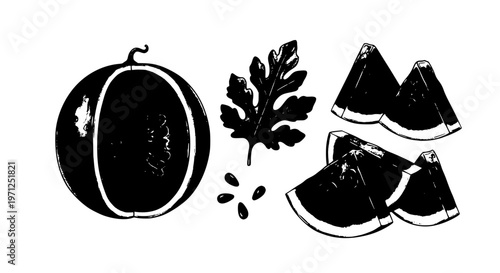 Watermelon fruit icon set with whole sliced pieces seeds and leaves flat vector isolated on white