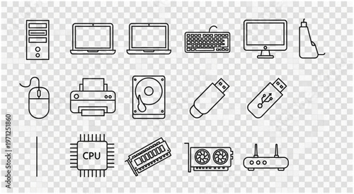 Collection of computer hardware and accessories in line art style.
