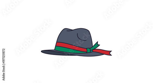 Stylish illustration of a fedora hat with a colorful ribbon accent on a white background