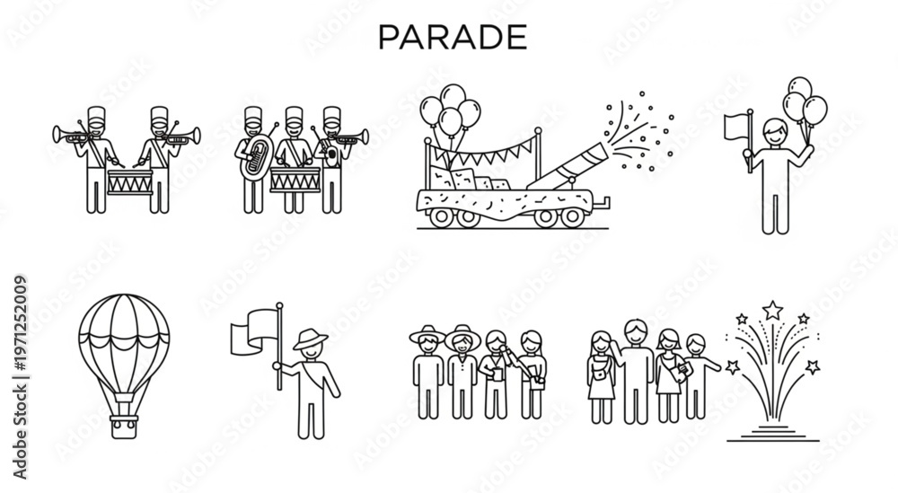 Fototapeta premium Parade illustrations featuring various elements like floats, people, and balloons in a festive celebration.