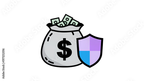 Gray moneybag overflowing with cash, protected by a segmented shield icon