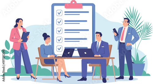 Business team meeting illustration, corporate people discussing checklist project planning, office workflow vector design