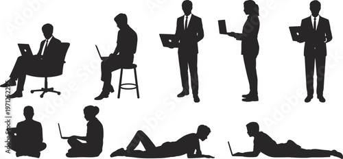 Business people using laptop silhouettes set, working professionals in various poses, office lifestyle vector illustration