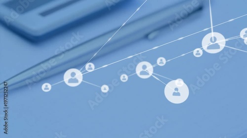 Animation of network of people icons over calculator and pen on desk