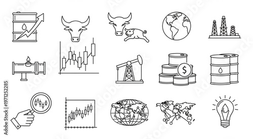 Economic and financial market analysis with related business and industry icons.