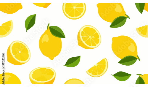 Fresh lemon pattern vector whole sliced citrus fruit with leaves illustration