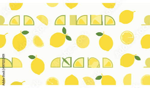 Minimal lemon pattern citrus fruit slices leaves vector background illustration