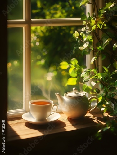 The ancient tea pot and hot tea under the sunshine by the teahouse window