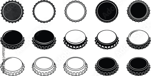 Vector Set of Bottle Cap Icons in Different Perspectives and Styles, Isolated Crown Cork Illustration for Beverage Packaging and Branding Design