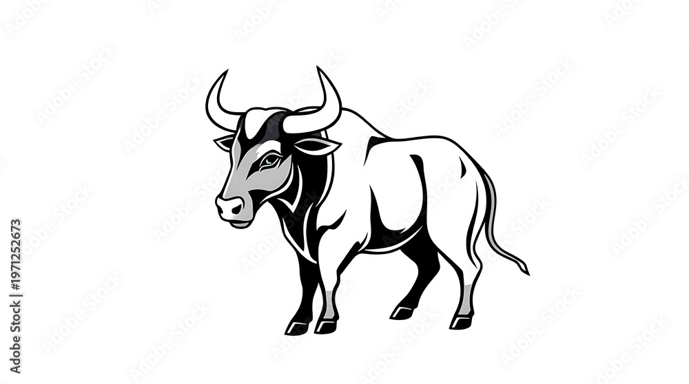 Fototapeta premium Stylized illustration of a bull with curved horns isolated on white background