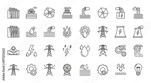 Collection of various energy production and power generation icons.