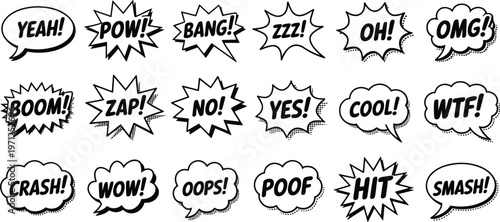 Comic speech bubbles set, cartoon explosion shapes with text effects, pop art vector illustration