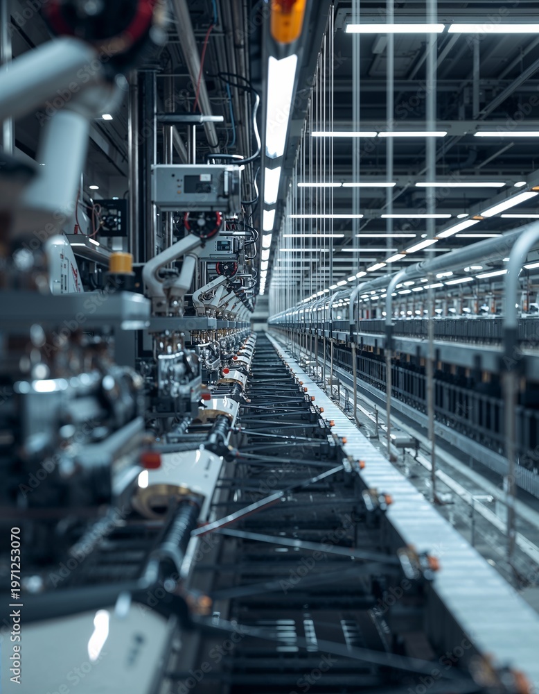 Fototapeta premium Photo of an automated knitting machine creating fabric, with robotic arms assisting and fabric forming in real time. Ultra-detailed industrial interior with advanced textile production equipment.