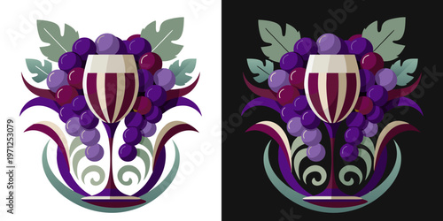 Wine glass with stylized vine grape isolated on contrast background, modern vector stile