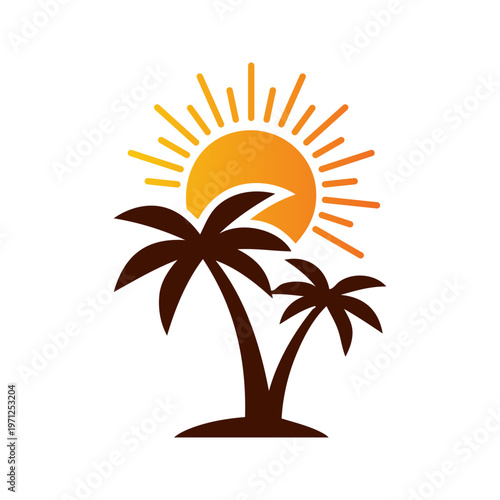 Logo agencia de viajes. Vacaciones de verano. Dibujo sencillo con silueta de la palma en una isla con un sol asomando por encima