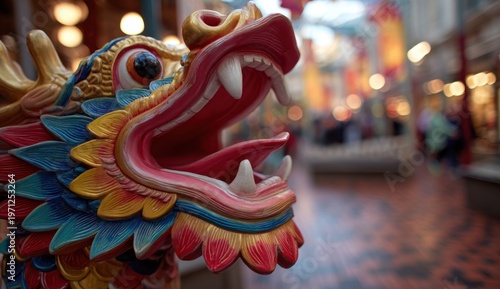 Colorful and whimsical chinese dragon sculpture with intricate textured scales and vibrant hues, showcasing traditional artistic craftsmanship