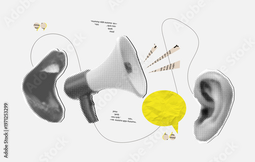 Trendy halftone collage shouting female mouth,megaphone and ear,cut out elements from paper